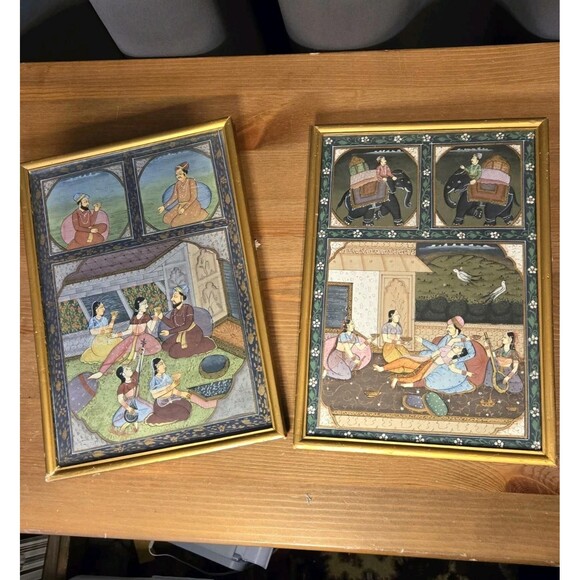 Set Of 2, Mughal Harem Art, Handmade Indian Miniature Painting On Paper 7x10 Vtg - Picture 1 of 6